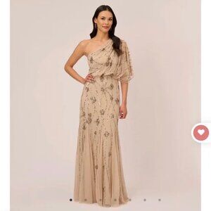 Adrianna Papell One Shoulder Beaded Gown in Nude